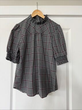 LOFT Black and White Gingham Mock-Neck Blouse